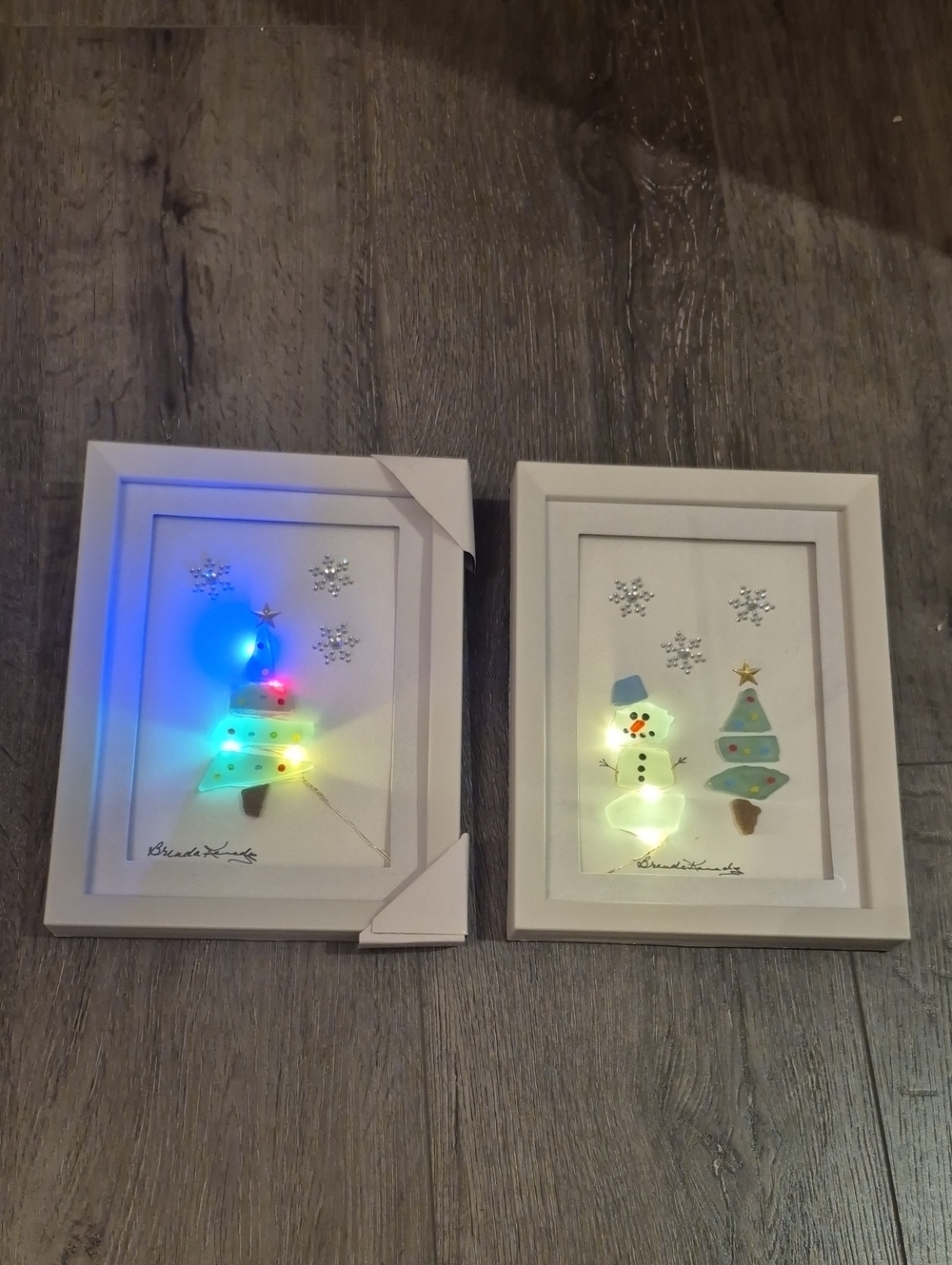 White LED Holiday Wall Art Set - Snowman & Tree - Battery Uprated Picture Frame